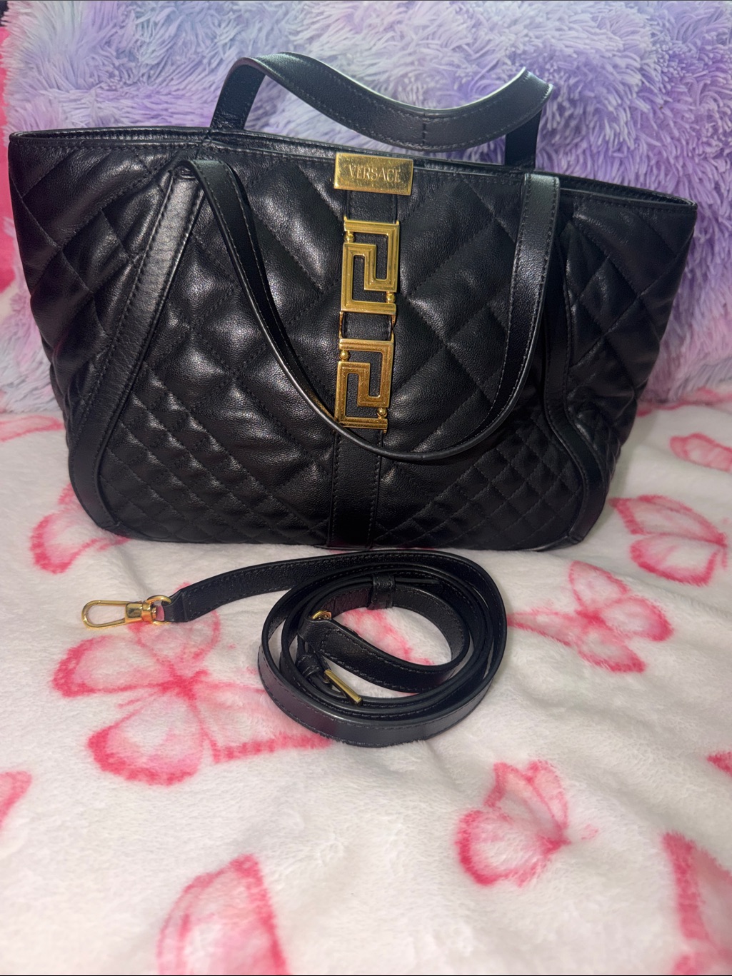 Versace Medium Size Black Quilted Leather Shoulder Bag With Gold Hardware